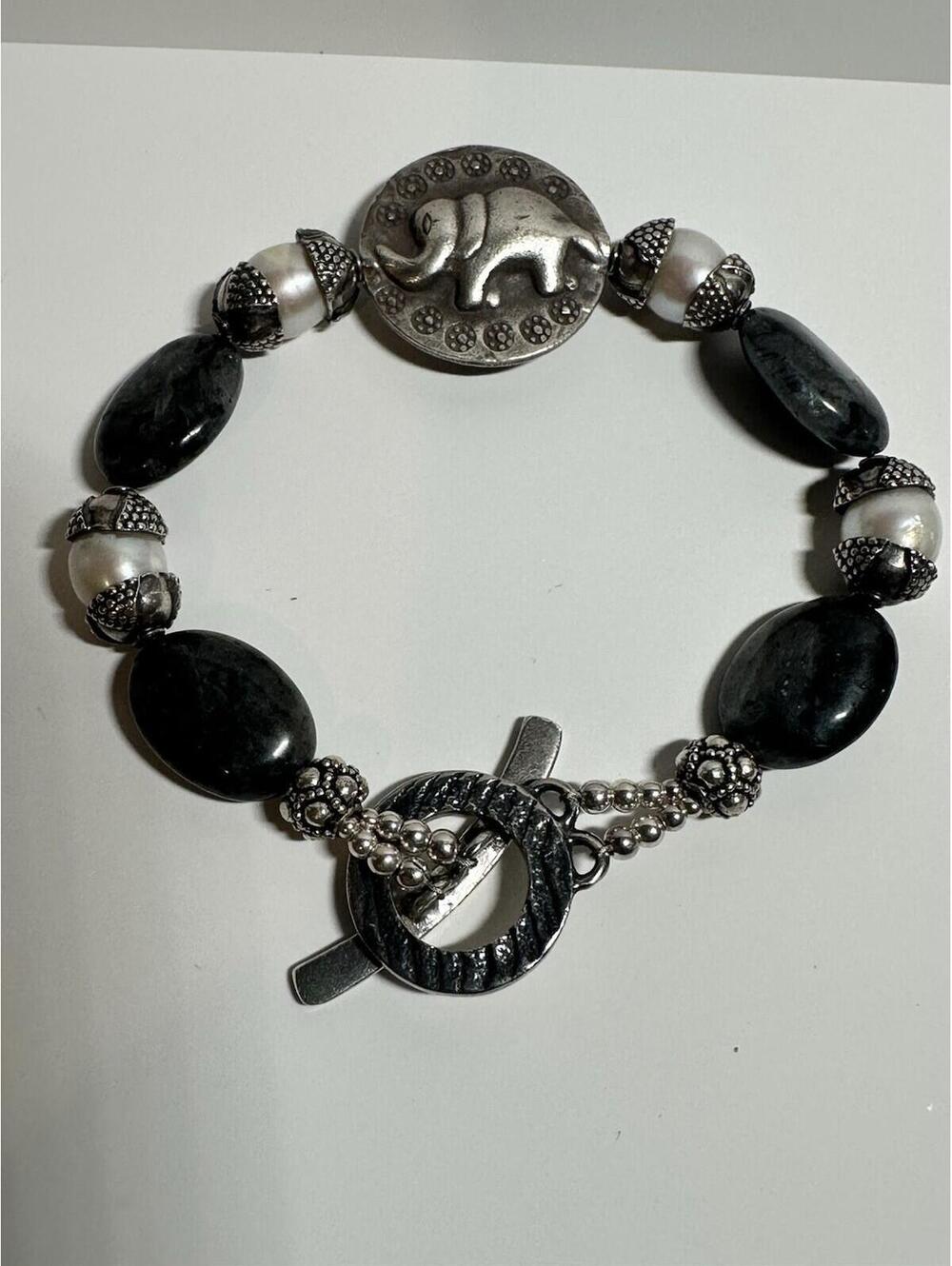 SAKI Bracelet Sterling Silver 925 Endangered Elephant Toggle Signed Vintage